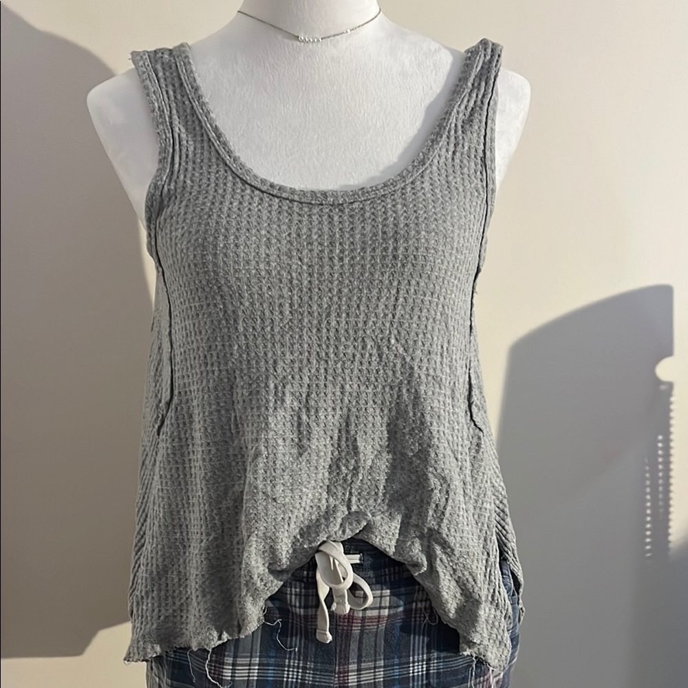 Gray Ribbed Sleeveless Tank Top with Tie Front